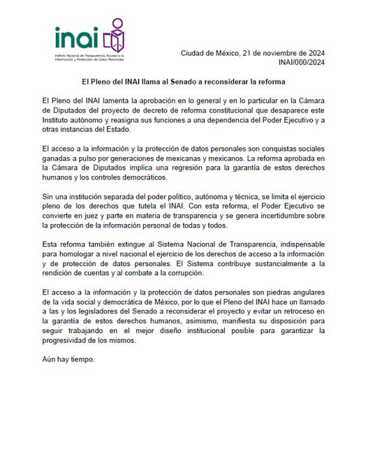 Llamado del INAI al Senado de la República.