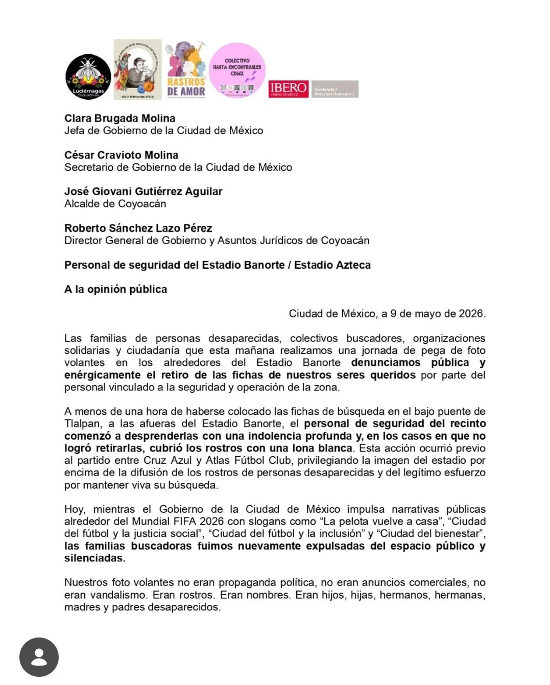 Familiares de desaparecidos denuncian retiro de sus fichas de búsqueda en Estadio Banorte