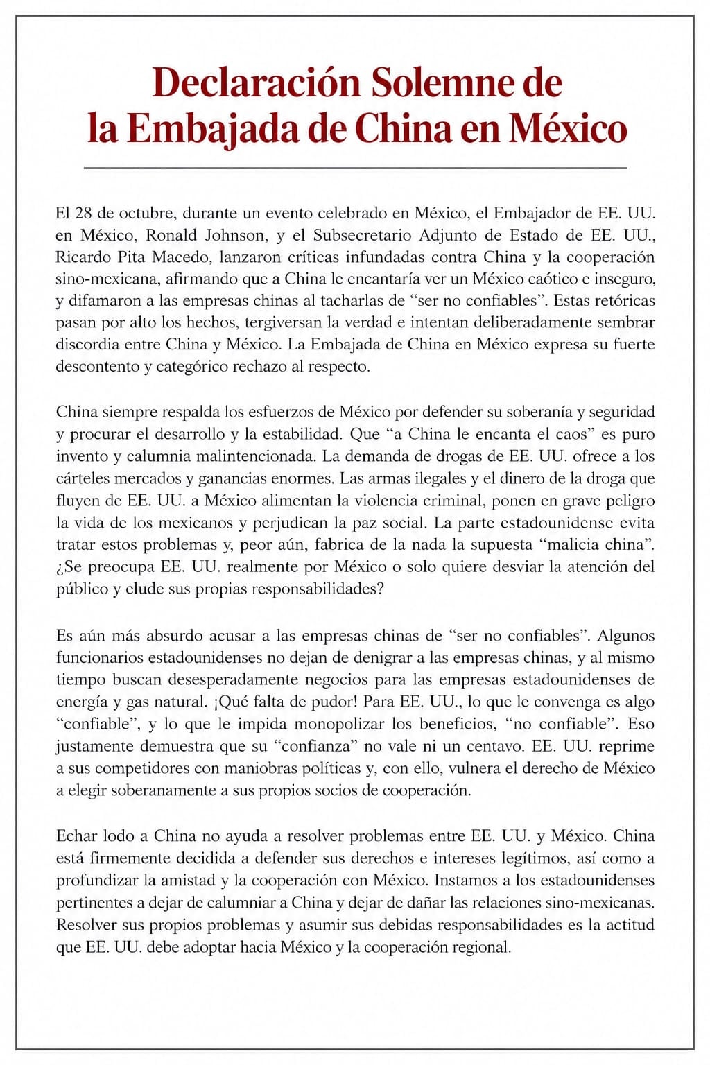 Embajada de China responde a Ronald Johnson