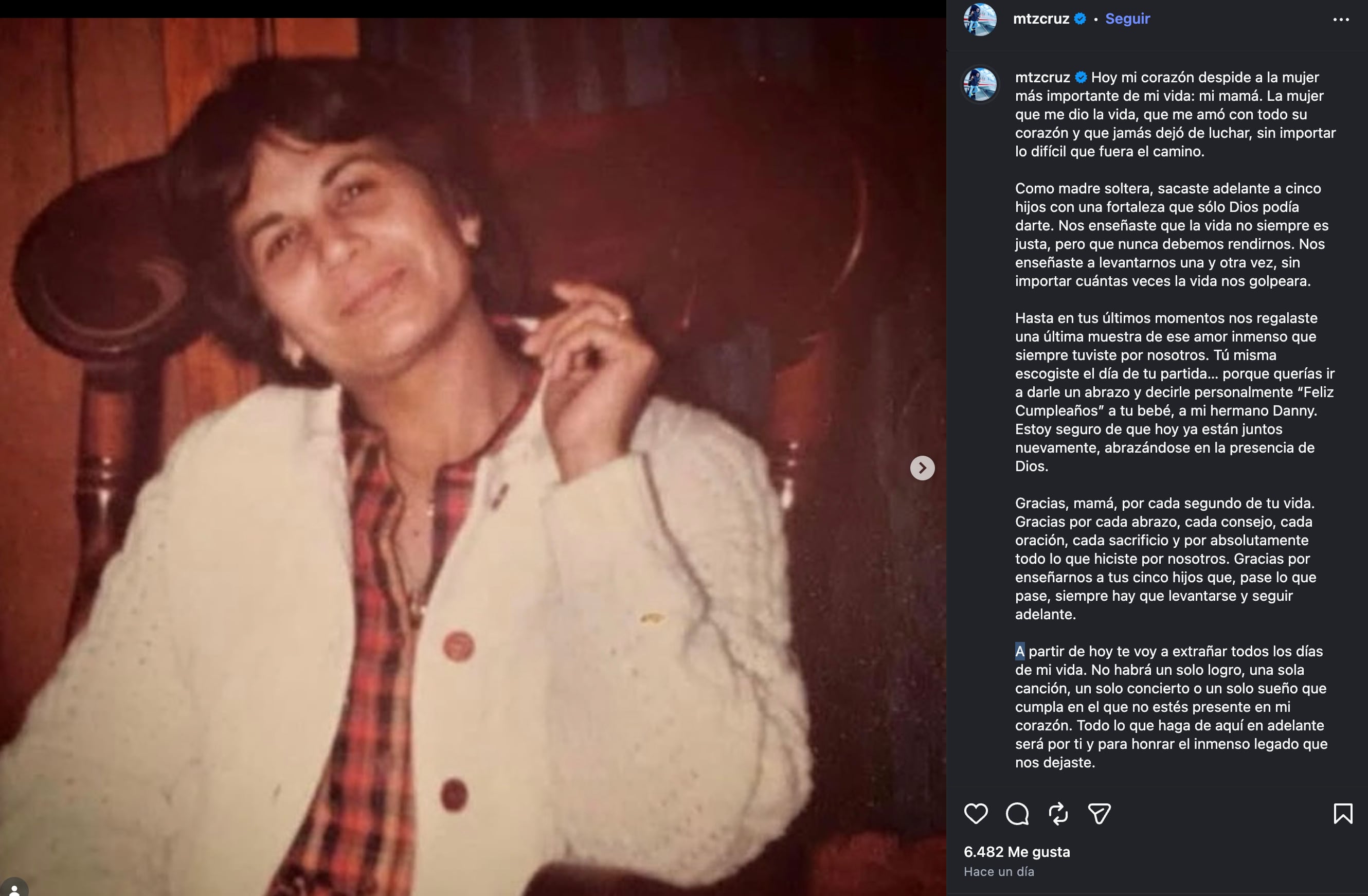 Cruz Martínez se despide de su madre en Instagram