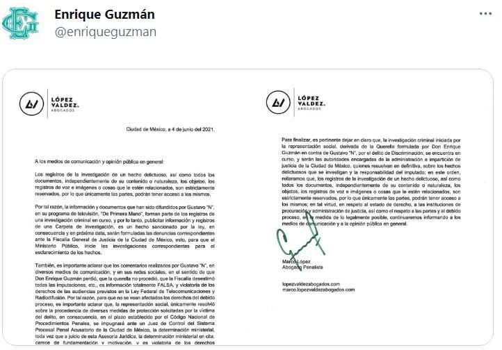 Enrique Guzmán niega que perdió demanda contra Gustavo Adolfo Infante