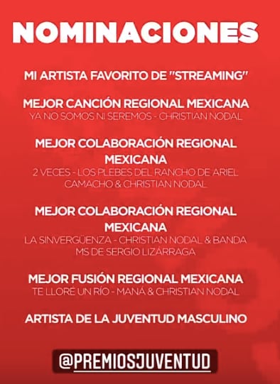 Christian Nodal presume sus nominaciones en Premio Juventud