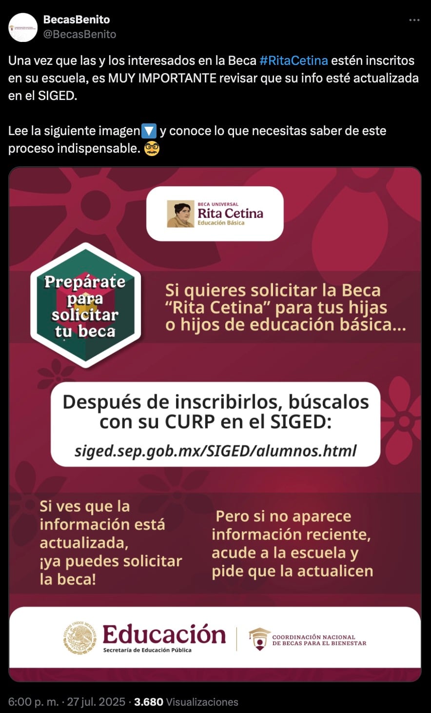 SEP da a conocer información importante sobre el proceso de inscripción a la Beca Rita Cetina