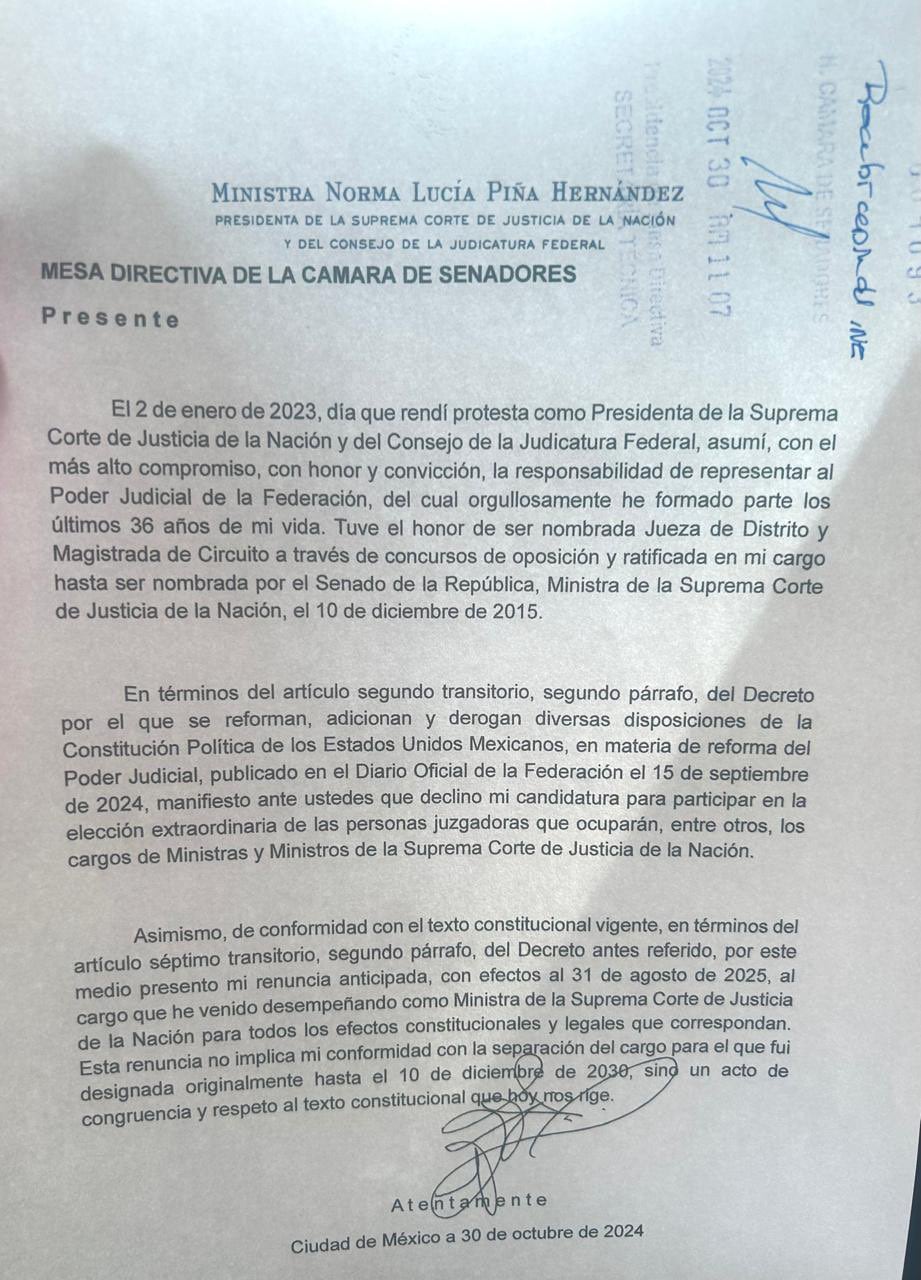 Carta de renuncia de ministra Norma Piña