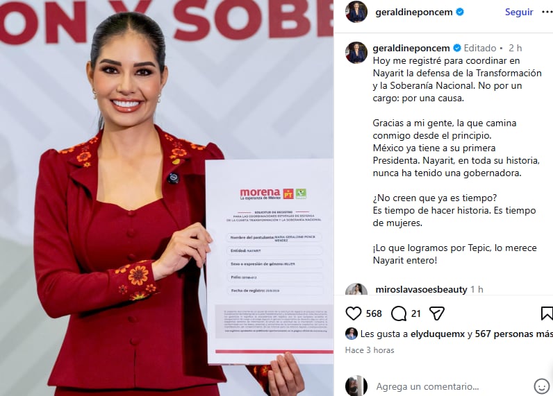 Geraldine Ponce formaliza aspiración a gobernar Nayarit con Morena