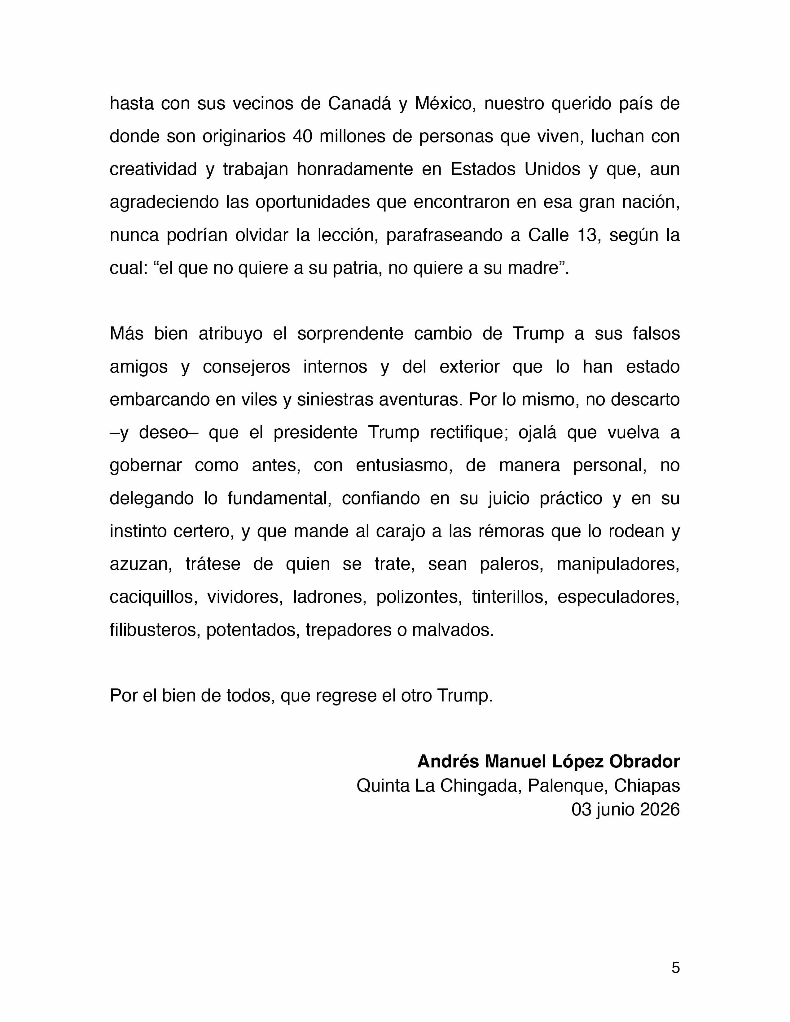 La canción de Calle 13 que AMLO citó en su mensaje sobre Donald Trump