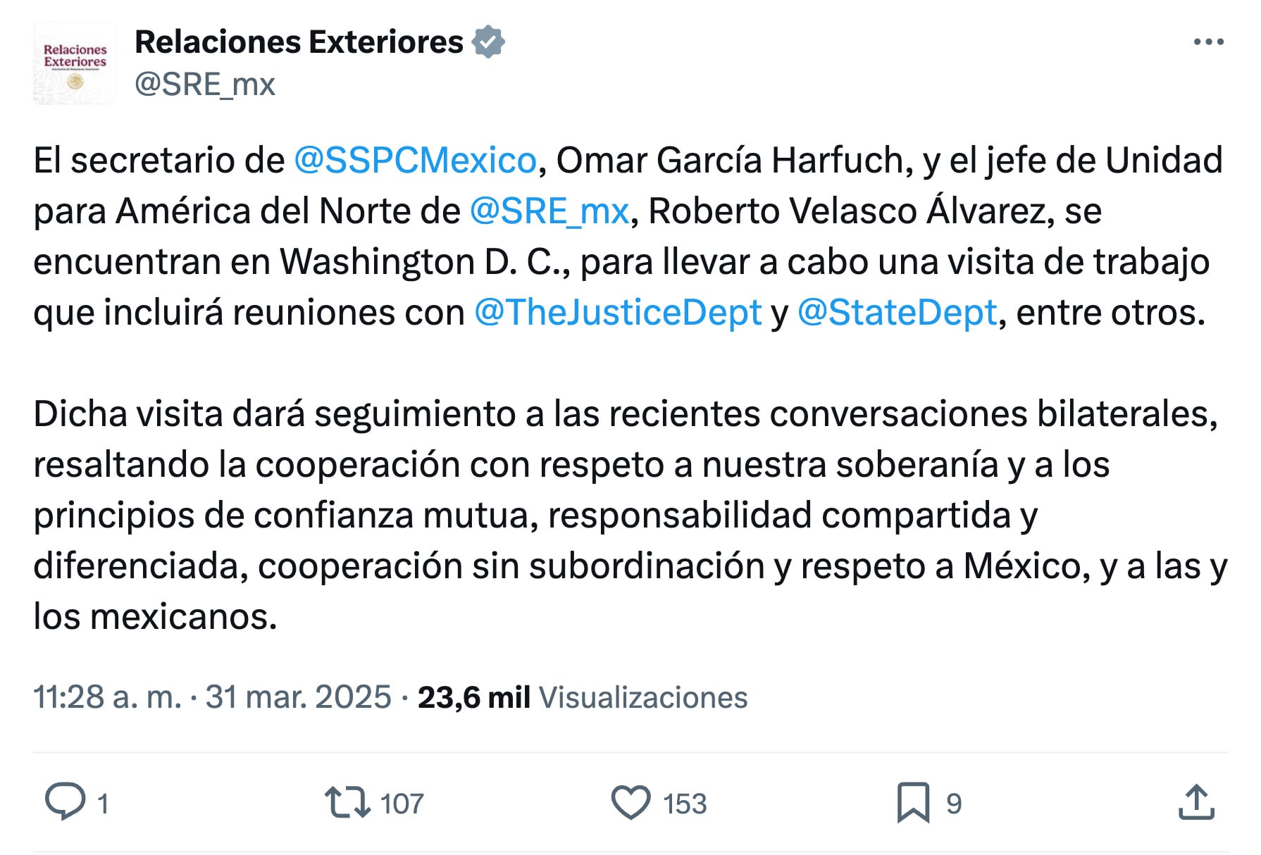 Omar García Harfuch está en Estados Unidos con el funcionario Roberto Velasco de la SRE