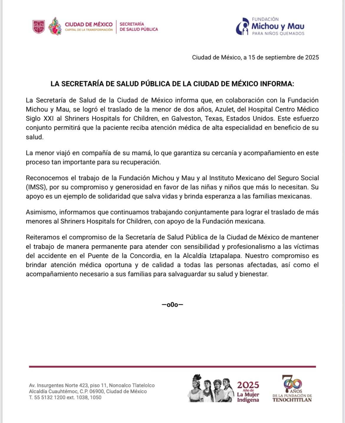 Secretaría de Salud confirma traslado de niña Jazlyn