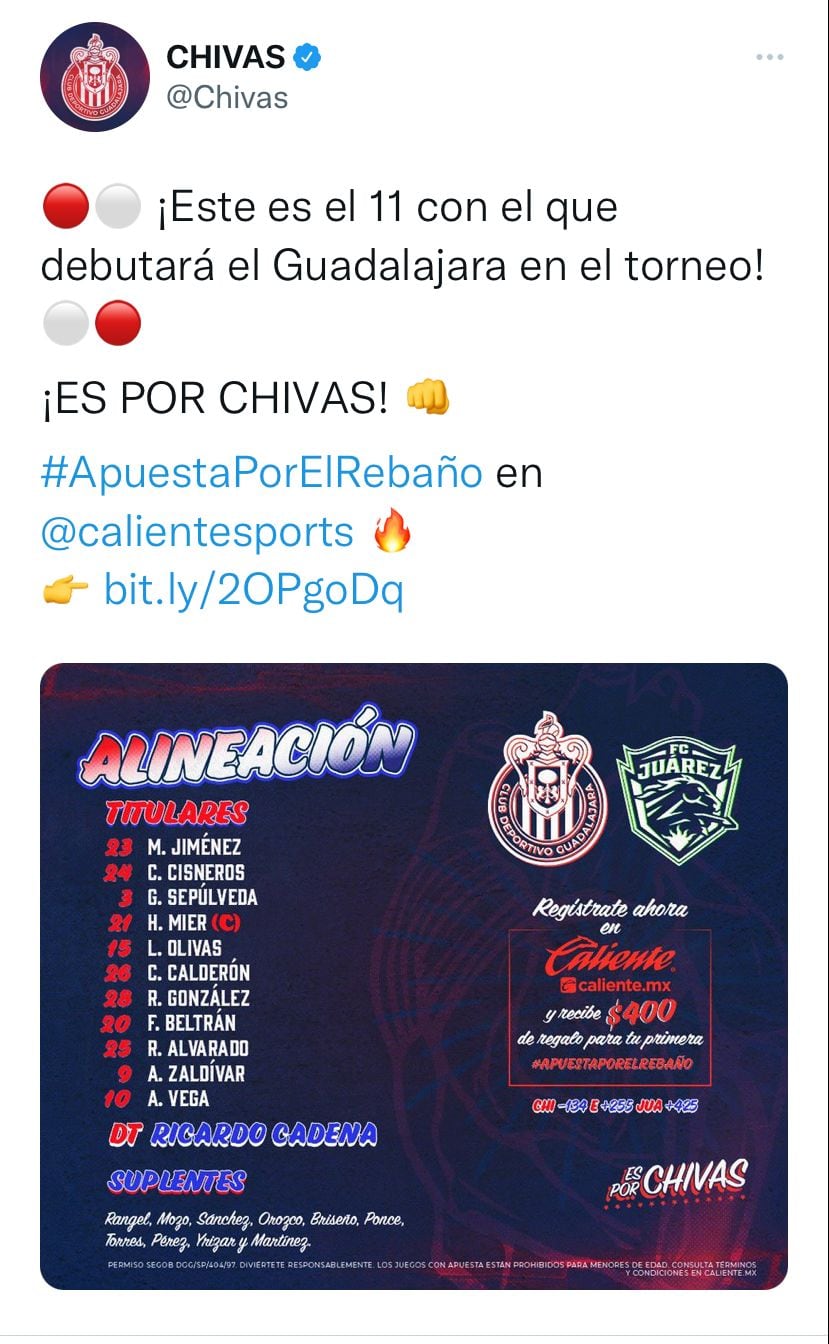 Esta es la alineación de Chivas para enfrentar al FC Juárez.