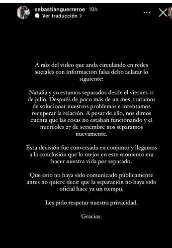 Comunicado de Sebastián Guerrero sobre infidelidad a Natalia Merino, Cinnamon Style.