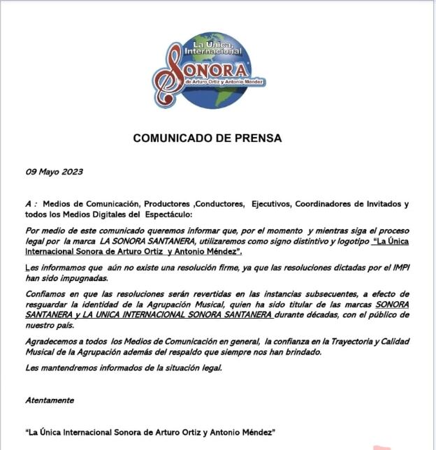 La Sonora Santanera niega que haya una resolución a favor de La Sonora Santanera y María Fernanda