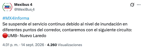 Mexibús suspendió su servicio en Ecatepec por lluvias e inundaciones