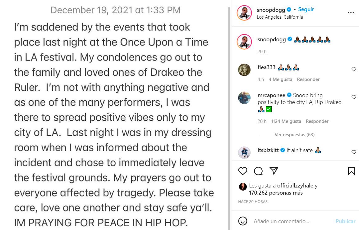 Publicación de Snoop Dogg sobre la muerte de Drakeo the Ruler
