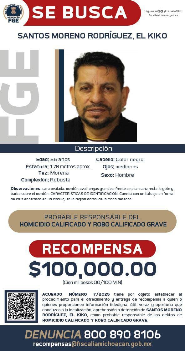 Michoacán ofrece 100 mil pesos para dar con Santos Moreno Rodríguez