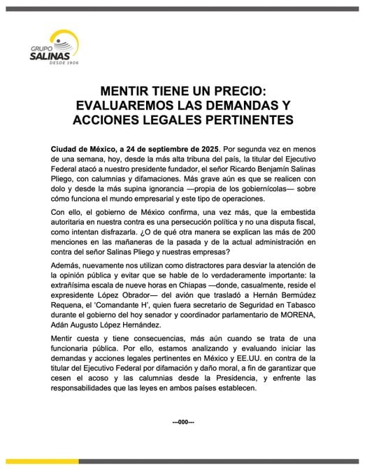 Ricardo Salinas Pliego demandará a Claudia Sheinbaum.