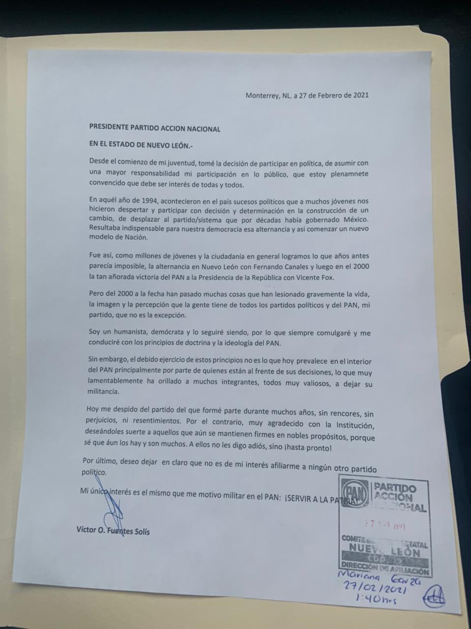 Víctor Fuentes presentó su renuncia al PAN este fin de semana