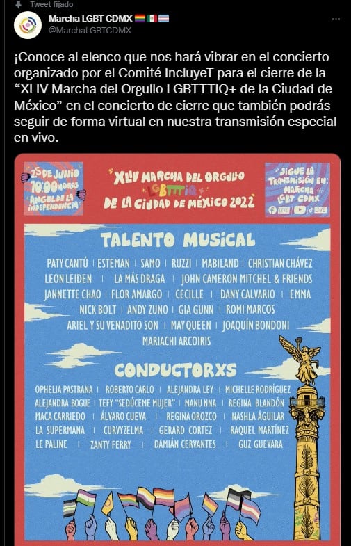 Cartel de artistas en la Marcha Gay 2022