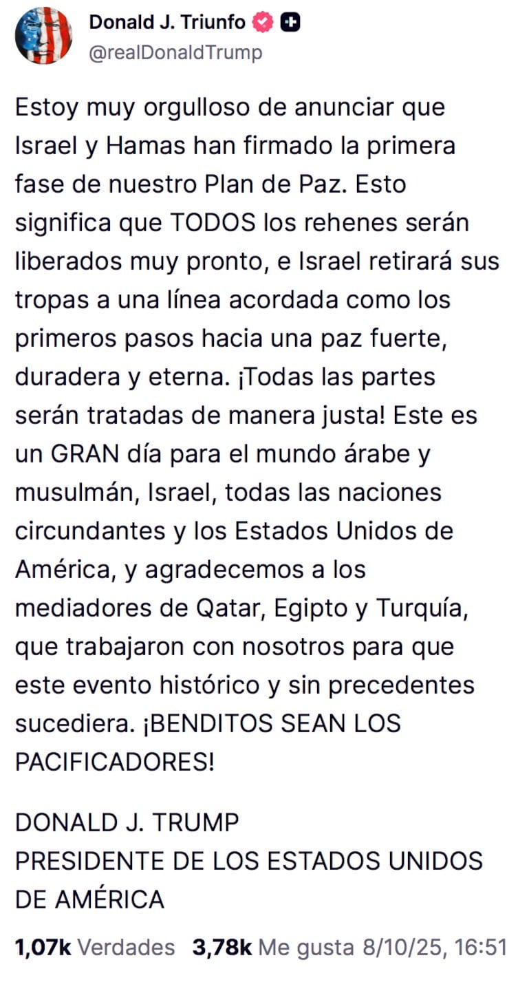 Hamás firma plan de paz de Donald Trump.
