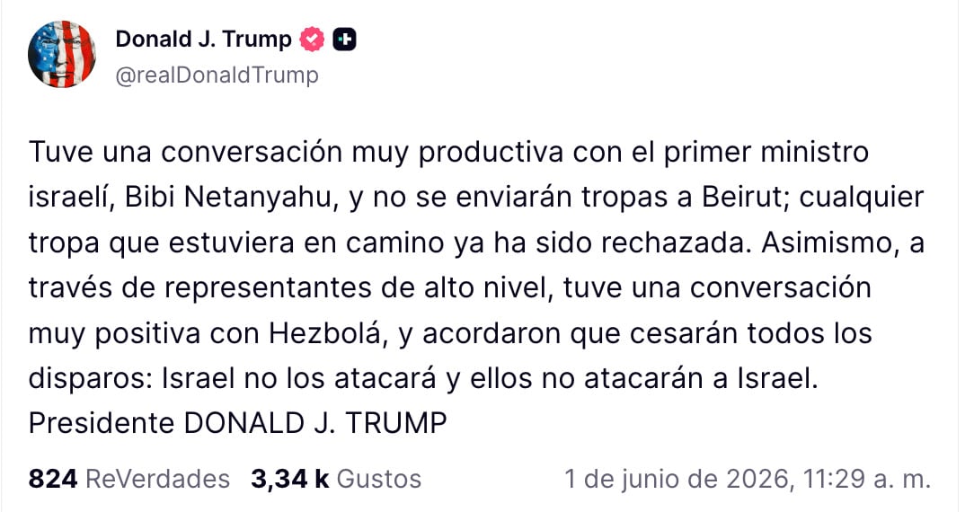 Trump anunció cese a ataques entre Israel y Hezbolá en el sur de Líbano