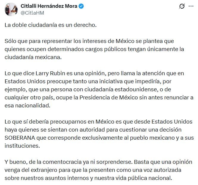 Citlalli Hernández responde a Larry Rubin por críticas a reforma sobre doble nacionalidad