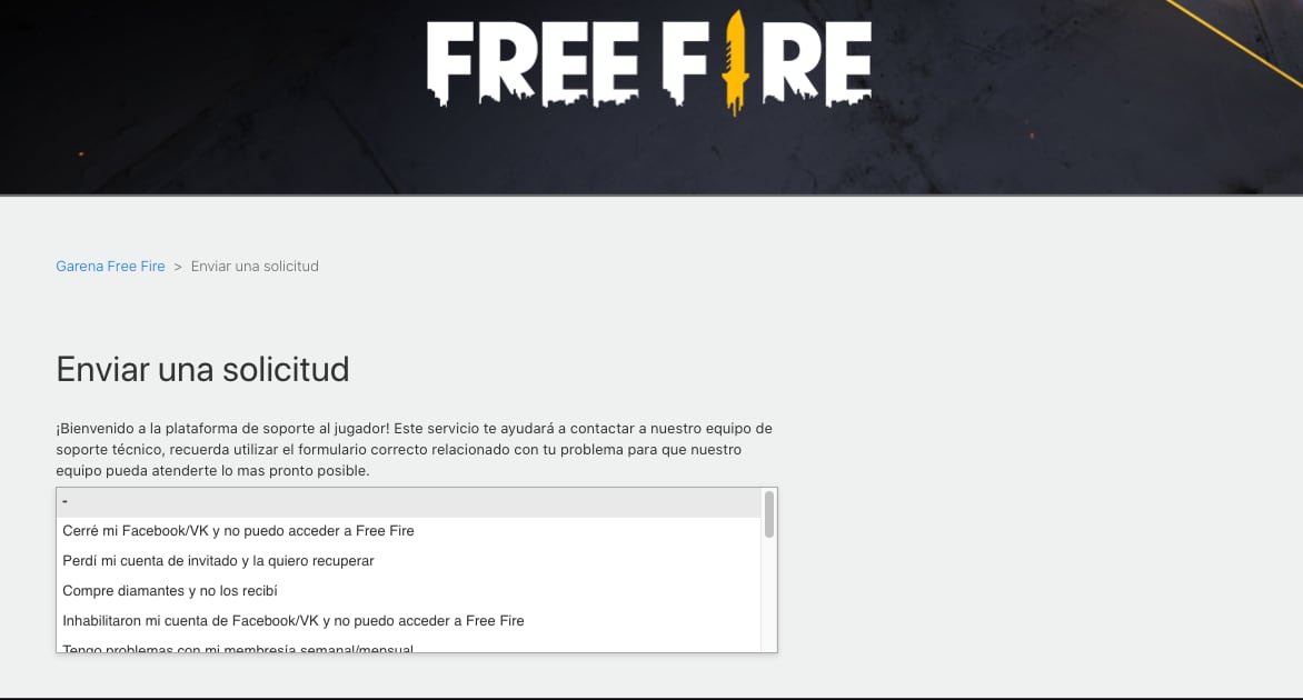 Solicitud de desbaneo para cuentas Free Fire