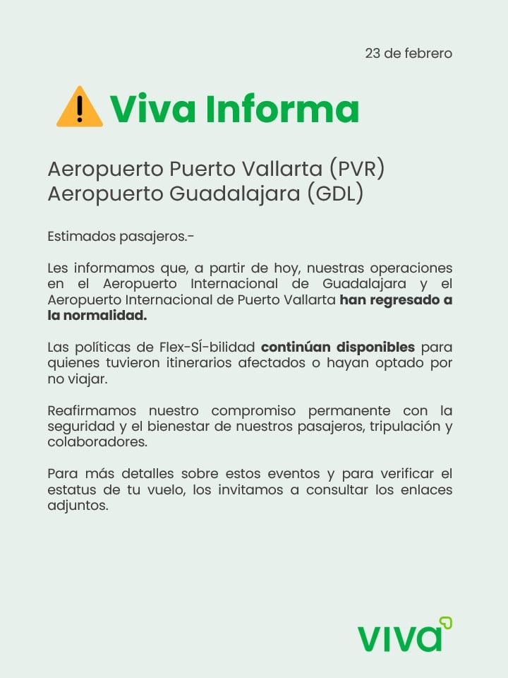 Viva Aerobús reanuda operaciones en Guadalajara y Puerto Vallarta