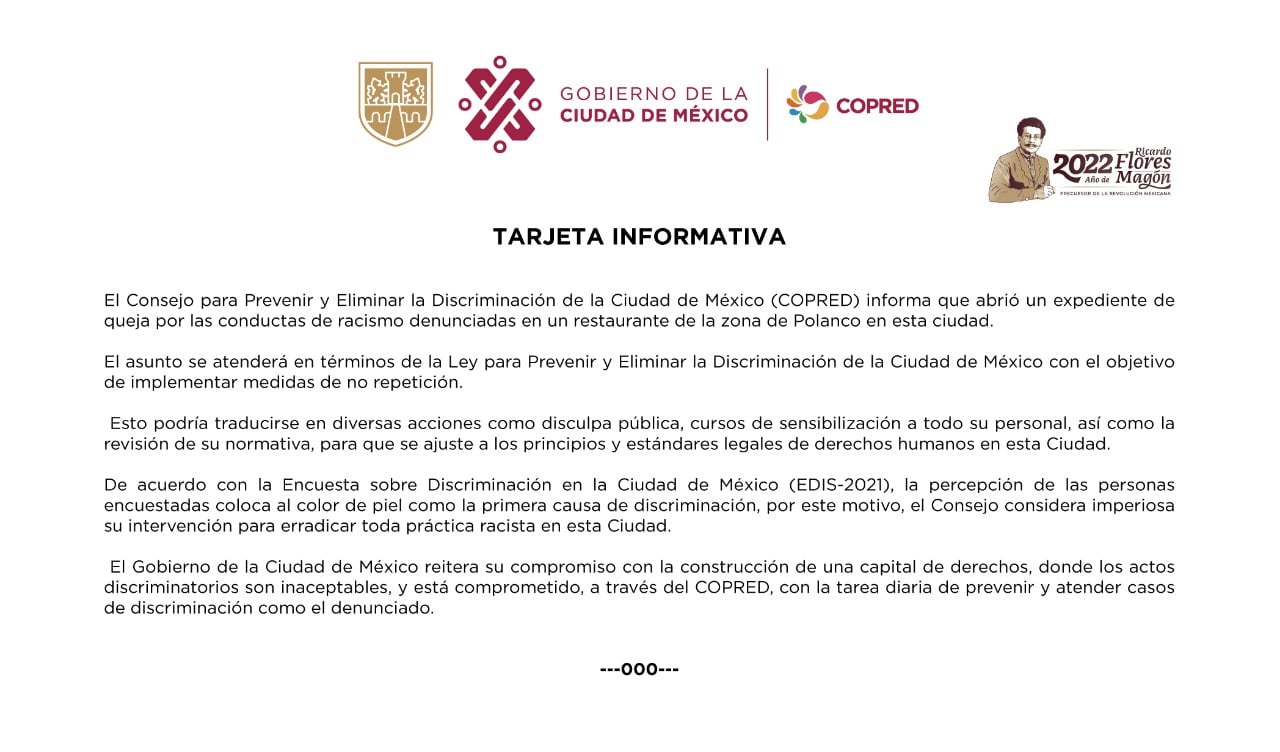 COPRED investiga señalamientos de racismo en Sonora Grill Prime de Masaryk