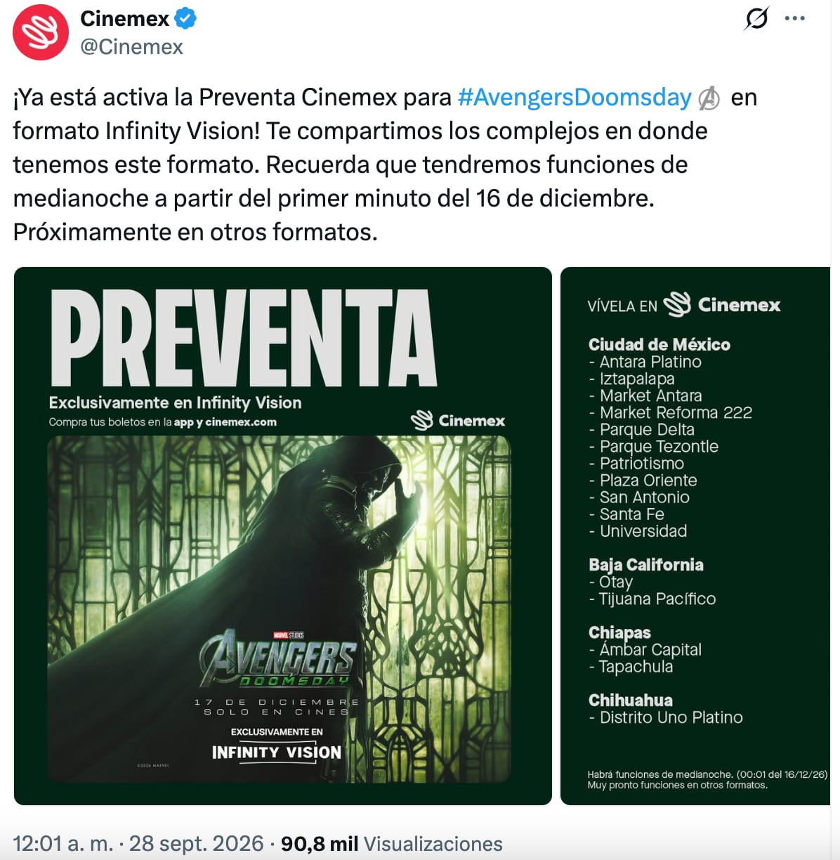 Cinemex y Cinépolis colapsan por la preventa de Avengers: Doomsday