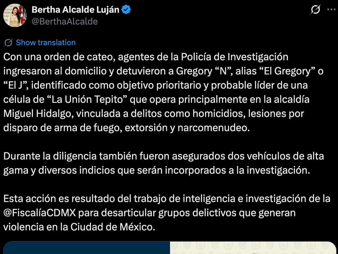 Capturan a “El Gregory”, objetivo prioritario ligado a La Unión Tepito