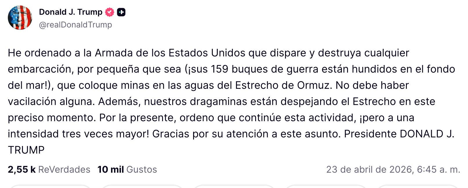 Trump ordena hundir embarcaciones y reforzar control en el Estrecho de Ormuz