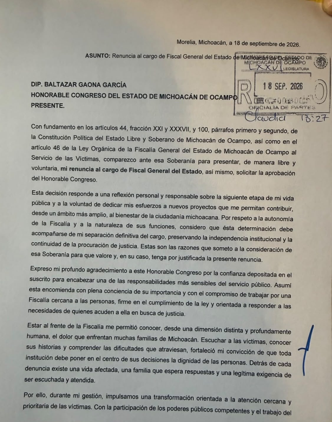 Carlos Torres Piña renuncia a la Fiscalía de Michoacán tras ser designado por Morena