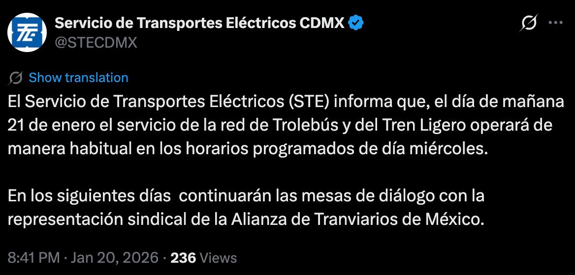 Servicio de Transportes Eléctricos CDMX con normalidad este 21 de enero