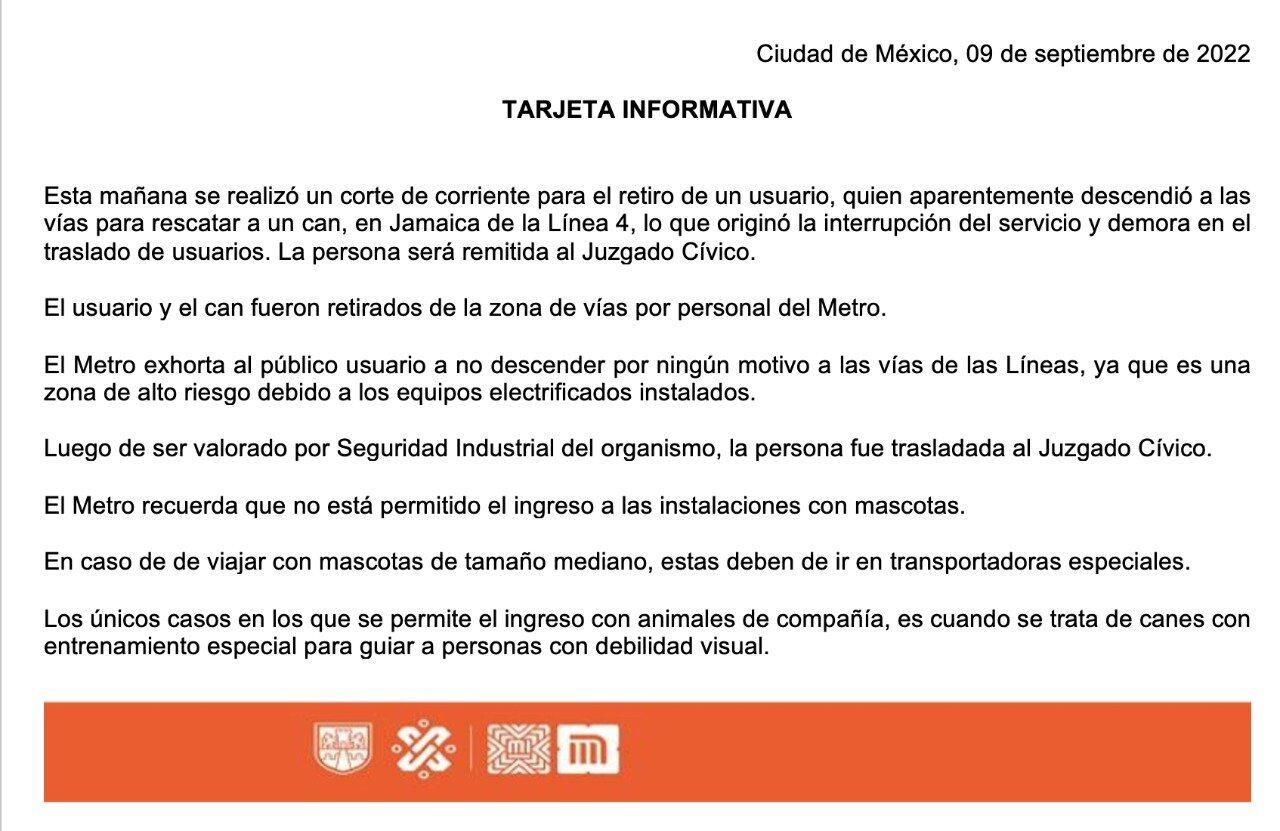 Detienen a pasajero del Metro que rescató a un perro en la estación Jamaica de la Línea 4/Metro