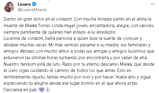 Lucero le dedica un mensaje a Maika Torres, su fan víctima de feminicidio en México.