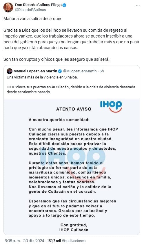 Ricardo Salinas Pliego estalla por cierre de IHOP Culiacán