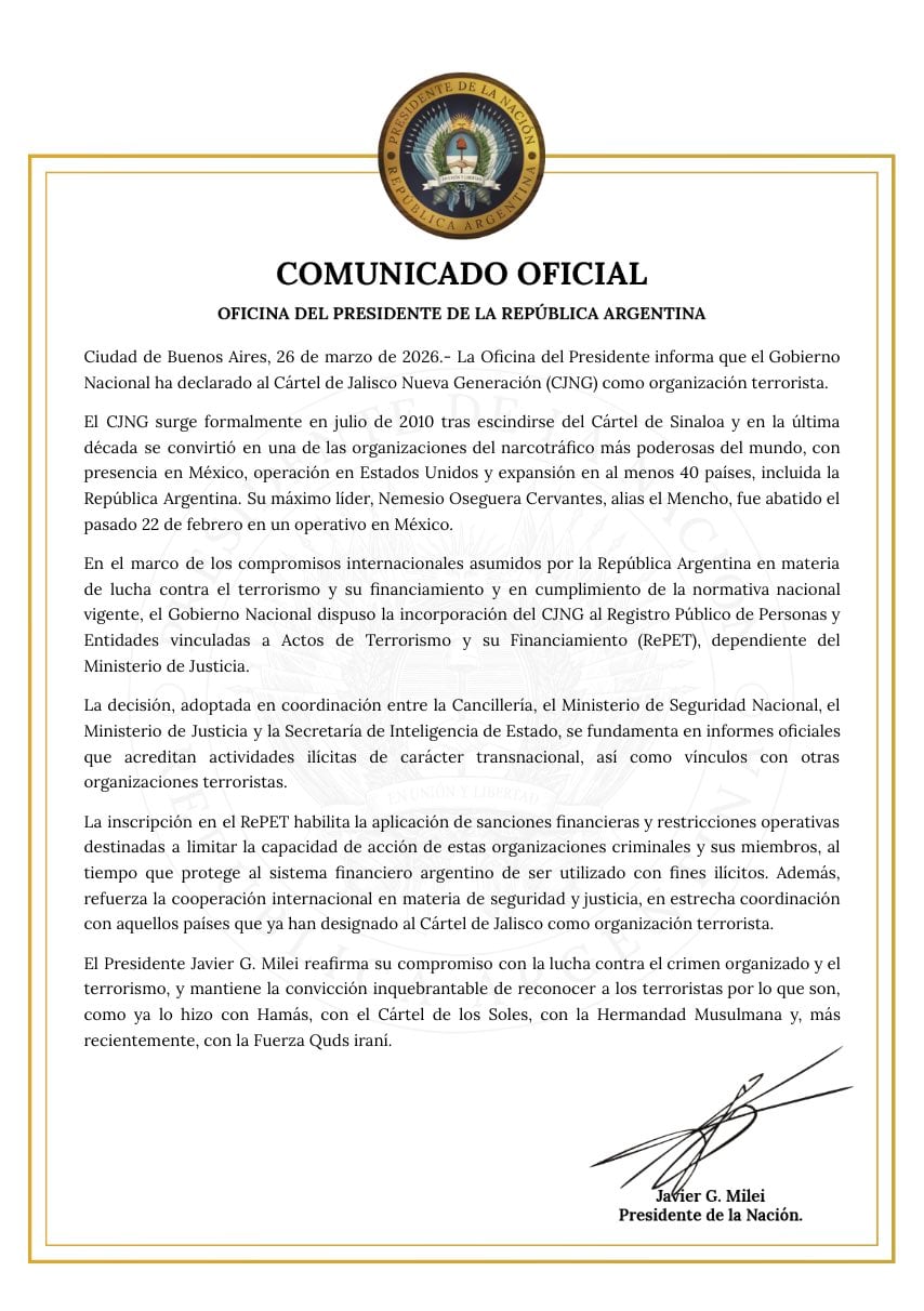 Comunicado del gobierno de Argentina.