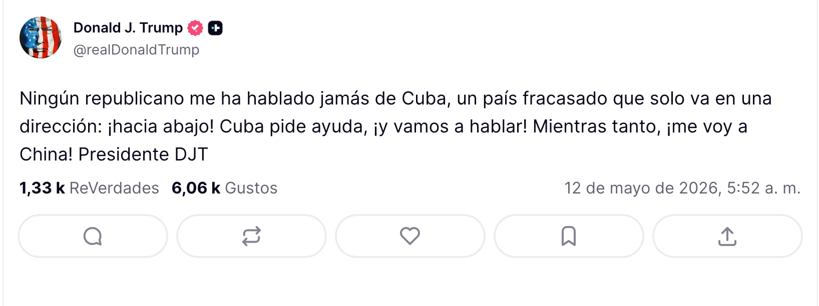 Donald Trump crítica a Cuba en su red social Truth