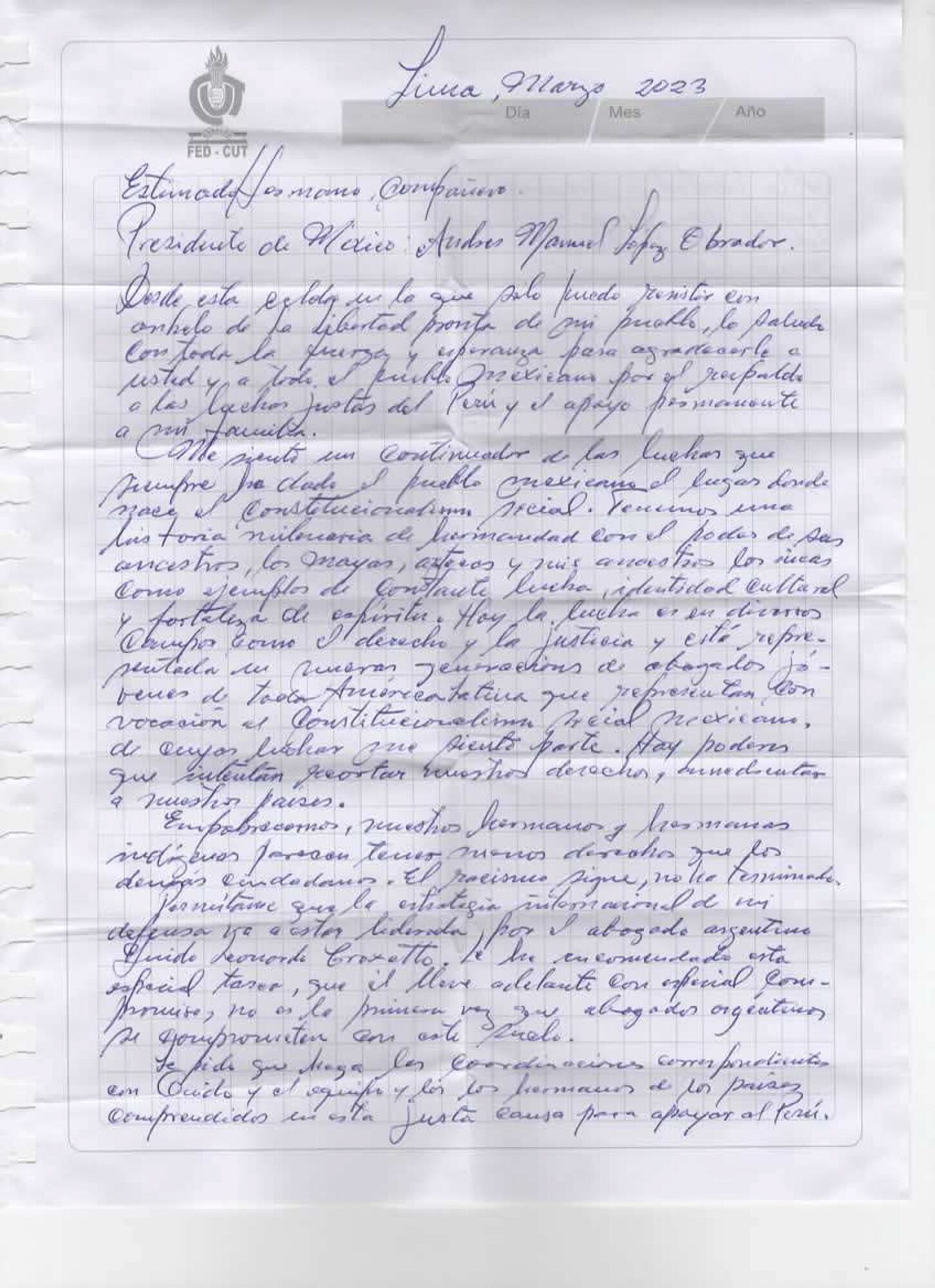 AMLO se reúne con abogado de Pedro Castillo y comparte carta del ex presidente