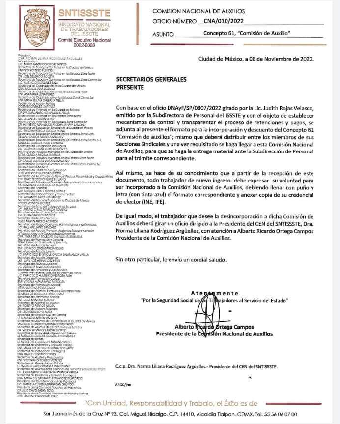 SNTISSSTE comisión nacional de auxilios