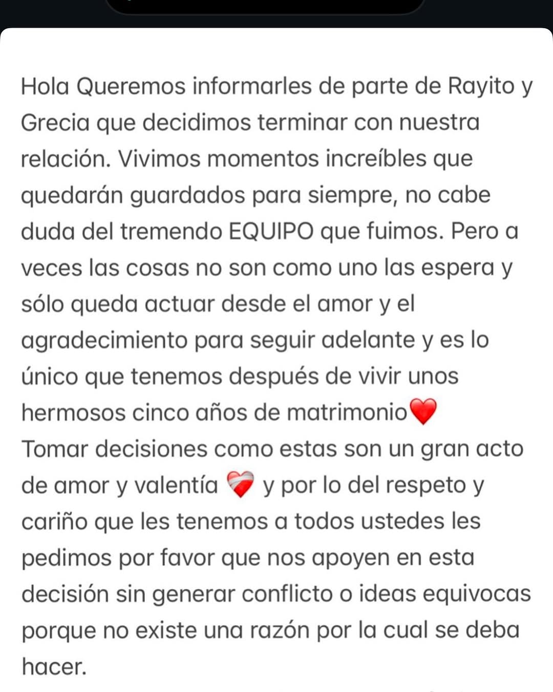 Rayito y Grecia confirman que tras 5 años de matrimonio se separan.