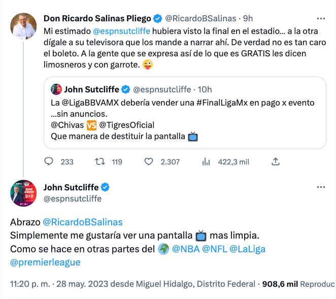 Ricardo Salinas Pliego recomienda a John Sutcliffe mejor ir al estadio para no ver los comerciales en televisión