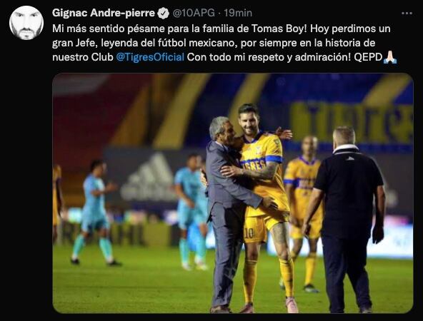 André-Pierre Gignac lamentó la muerte de Tomás Boy