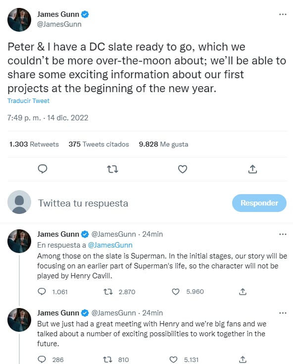Tuit de James Gunn anunciando que Henry Cavill no será más Superman