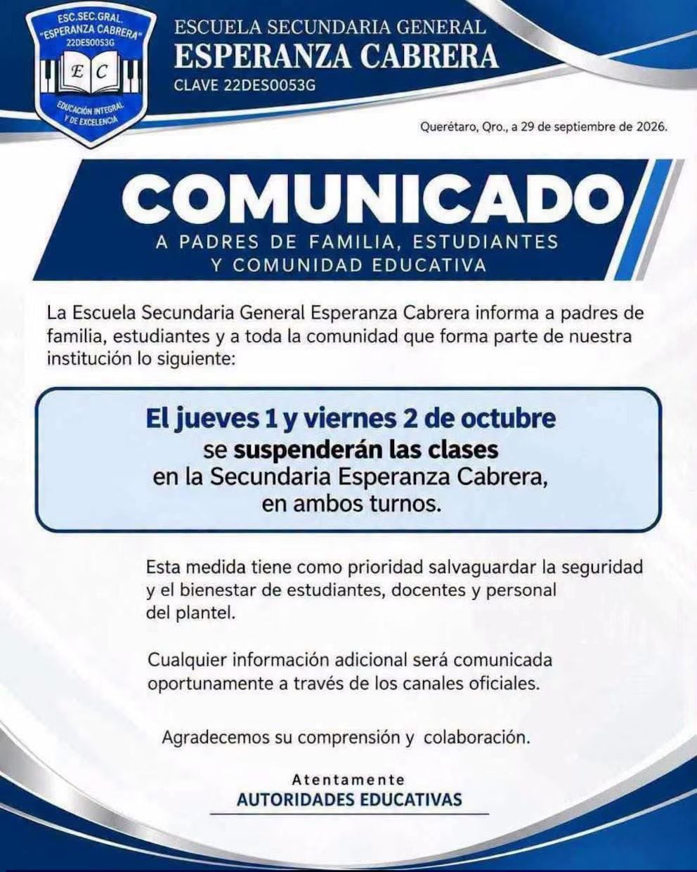 Suspenden clases en secundaria de Querétaro tras ataque con cuchillos