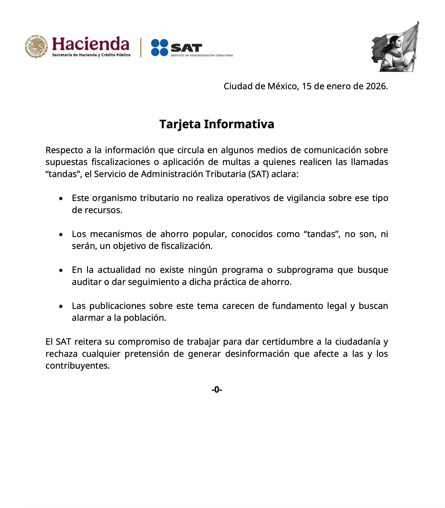 SAT aclara en comunicado si multará o no las tandas