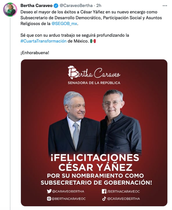 Bertha Caraveo se une a felicitación de César Yáñez