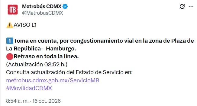 Metrobús Línea 1 sufre congestionamiento en Paseo de la Reforma Sur, CDMX