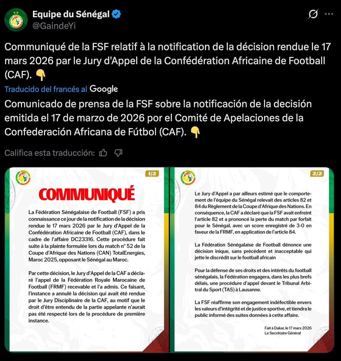 Senegal acudirá al TAS tras sanción de la CAF que le quitó el título ante Marruecos.