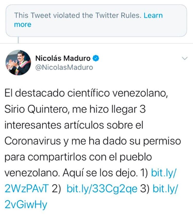 Tuit borrado de Maduro.