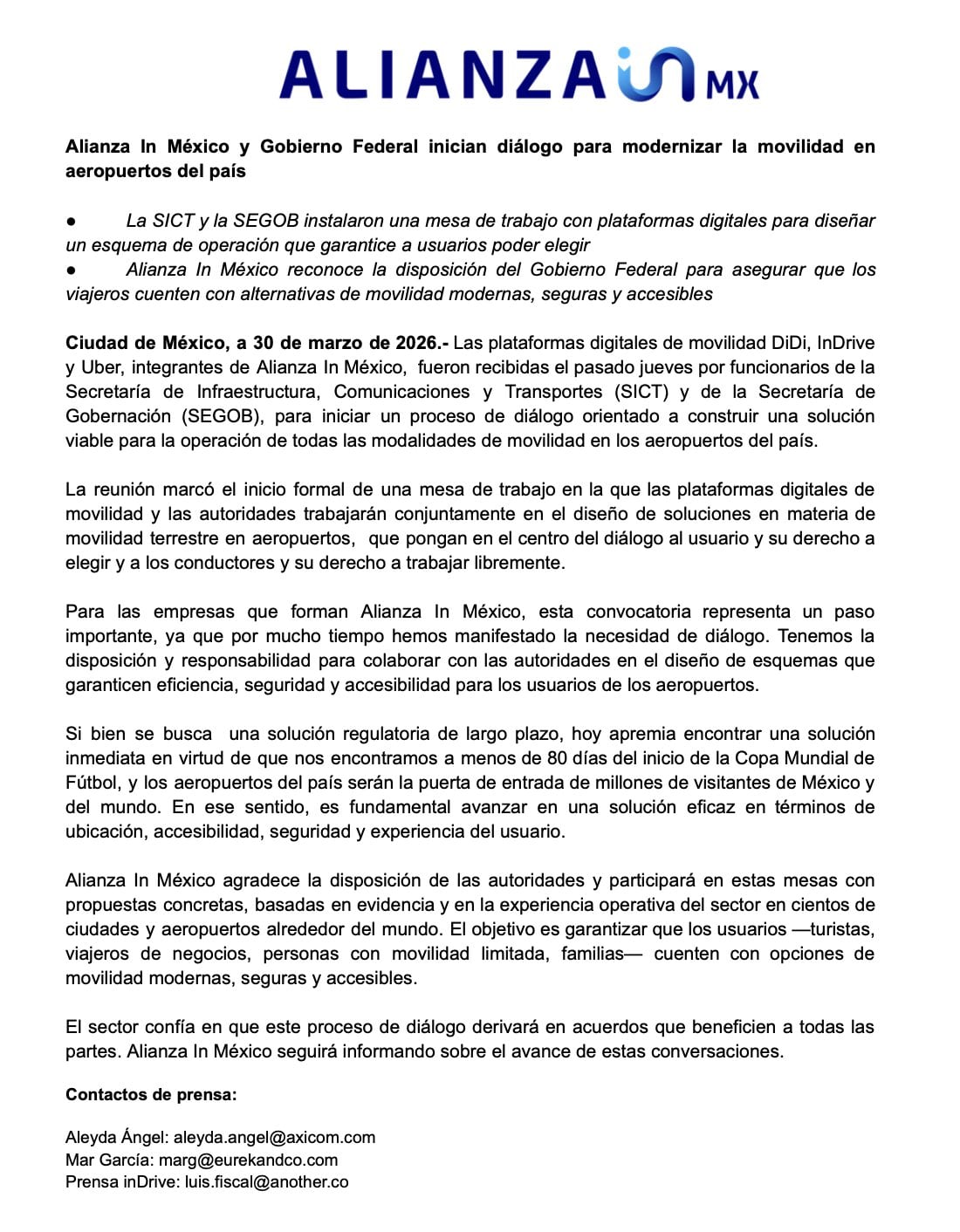 Comunicado sobre mesa de diálogo entre gobierno federal y Uber, DiDi e inDrive sobre servicio en AICM.